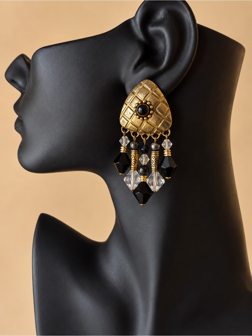 Gold and Black Beaded Dangle Earrings - Women Jewelry